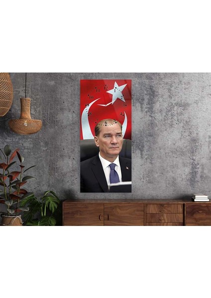 Atatürk ve Türk Bayrağı Dikey Saatli Vatan Temalı 50X110 cm Cam Tablo DSUV0014