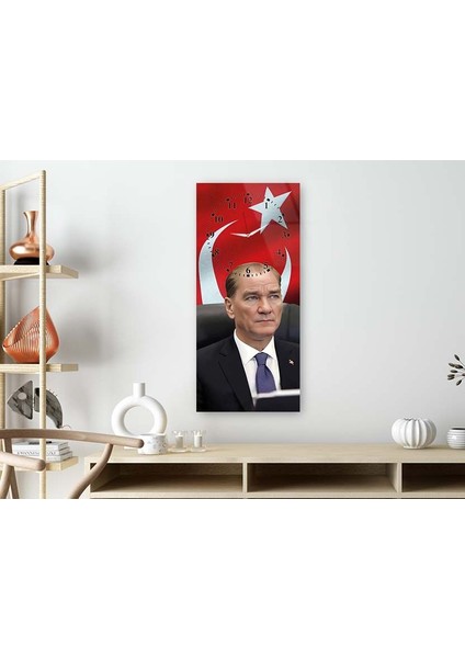 Atatürk ve Türk Bayrağı Dikey Saatli Vatan Temalı 50X110 cm Cam Tablo DSUV0014