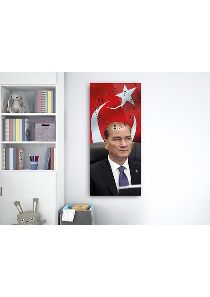 Atatürk ve Türk Bayrağı Dikey Saatli Vatan Temalı 50X110 cm Cam Tablo DSUV0014