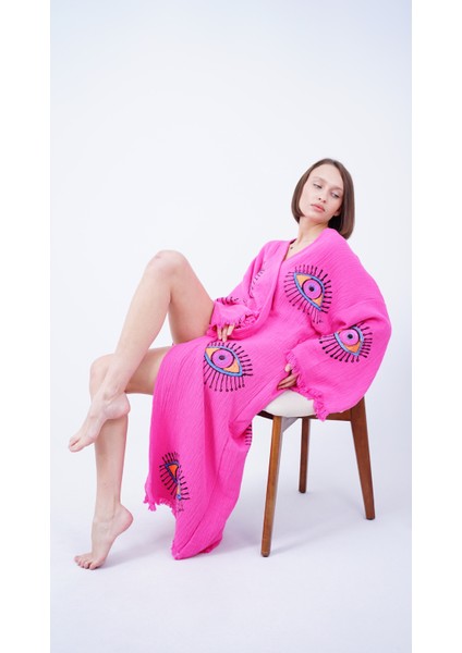 El Yapımı Pembe Göz Baskılı Nazar Kaftan Kimono