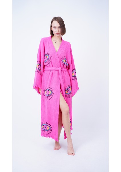 El Yapımı Pembe Göz Baskılı Nazar Kaftan Kimono