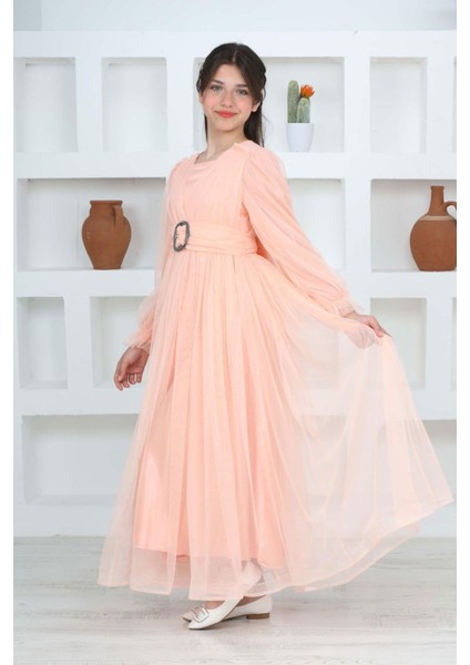 Kız Çocuk Uzun Astarlı Somon Tesettür Abiye ELBISE-ABY-0037