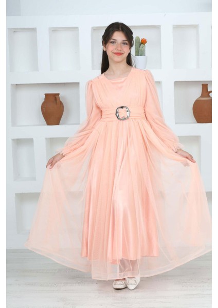 Kız Çocuk Uzun Astarlı Somon Tesettür Abiye ELBISE-ABY-0037 modelleri