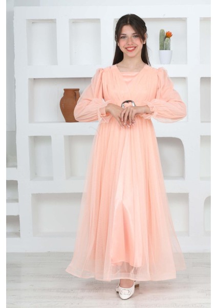 Kız Çocuk Uzun Astarlı Somon Tesettür Abiye ELBISE-ABY-0037 fırsatları