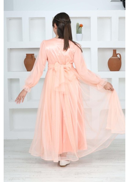 Kız Çocuk Uzun Astarlı Somon Tesettür Abiye ELBISE-ABY-0037 indirimleri