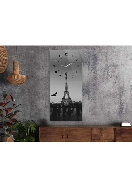 Eyfel (Eiffel) Kulesi Dikey Üstten Saatli Sanat Temalı 50X110 cm Cam Tablo DSUS0021