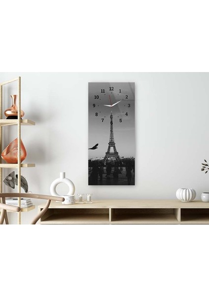 Eyfel (Eiffel) Kulesi Dikey Üstten Saatli Sanat Temalı 50X110 cm Cam Tablo DSUS0021