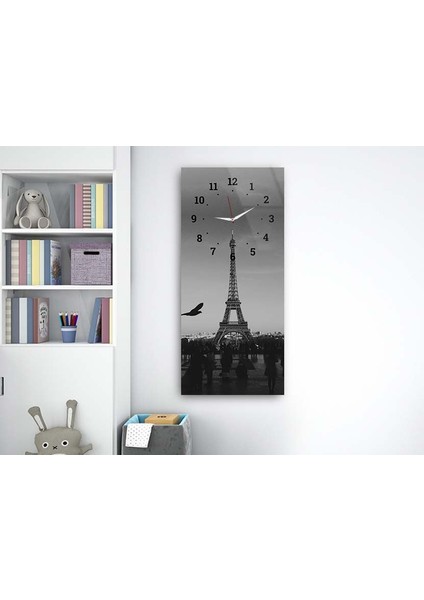 Eyfel (Eiffel) Kulesi Dikey Üstten Saatli Sanat Temalı 50X110 cm Cam Tablo DSUS0021