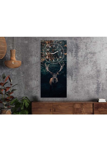 Gece, Orman ve GEYİK Dikey Saatli Sanat Temalı 50X110 cm Cam Tablo DSUS0010