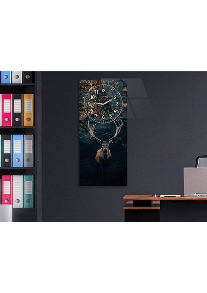 Gece, Orman ve GEYİK Dikey Saatli Sanat Temalı 50X110 cm Cam Tablo DSUS0010
