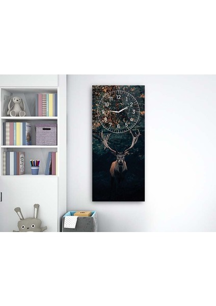 Gece, Orman ve GEYİK Dikey Saatli Sanat Temalı 50X110 cm Cam Tablo DSUS0010