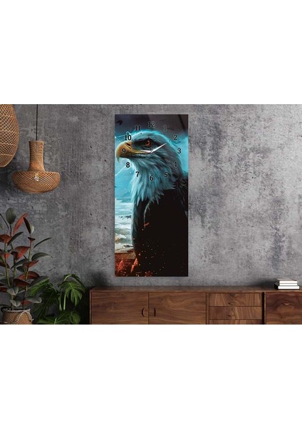 Asil Duruşlu KARTAL ve Deniz Dikey Saatli Sanat Temalı 50X110 cm Cam Tablo DSUS0037