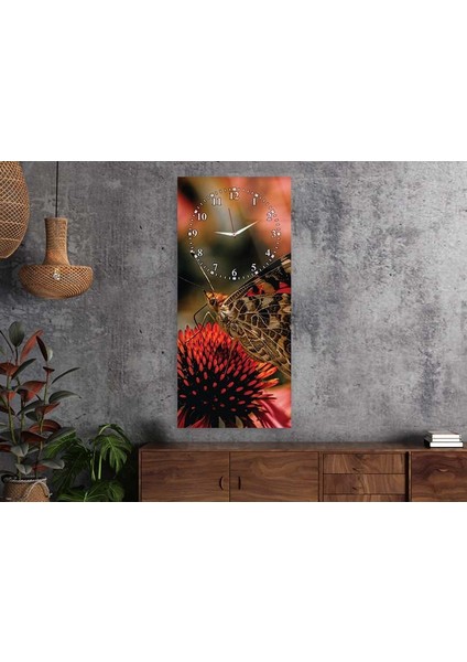 Kelebek ve Çiçek Dikey Üstten Saatli Sanat Temalı 50X110 cm Cam Tablo DSUS0069