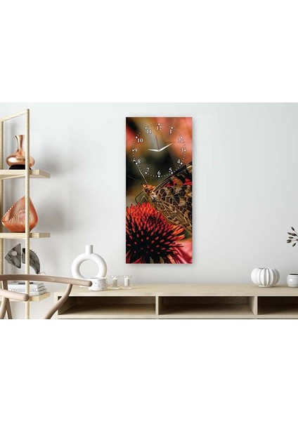 Kelebek ve Çiçek Dikey Üstten Saatli Sanat Temalı 50X110 cm Cam Tablo DSUS0069 fiyatları