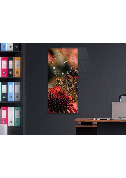 Kelebek ve Çiçek Dikey Üstten Saatli Sanat Temalı 50X110 cm Cam Tablo DSUS0069 modelleri