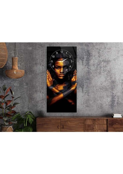 Dikey Üstten Saatli Sanat Temalı 50X100 cm Temperli Cam Tablo DSUS0036