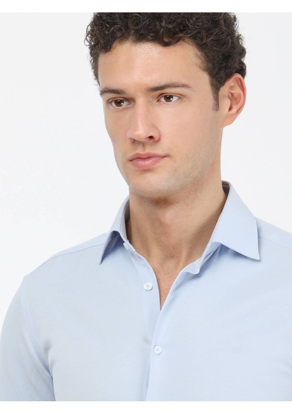 Açık Mavi Düz Slim Fit Dokuma Klasik Pamuk Karışımlı Gömlek