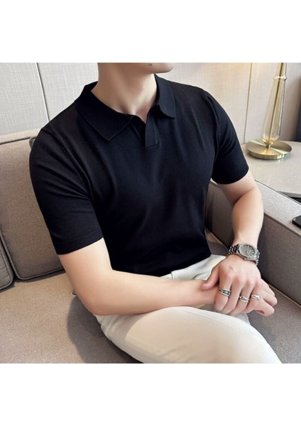 Erkek Siyah Patlı Kısa Kollu Polo Yaka Triko T-Shirt