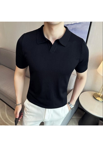 Erkek Siyah Patlı Kısa Kollu Polo Yaka Triko T-Shirt