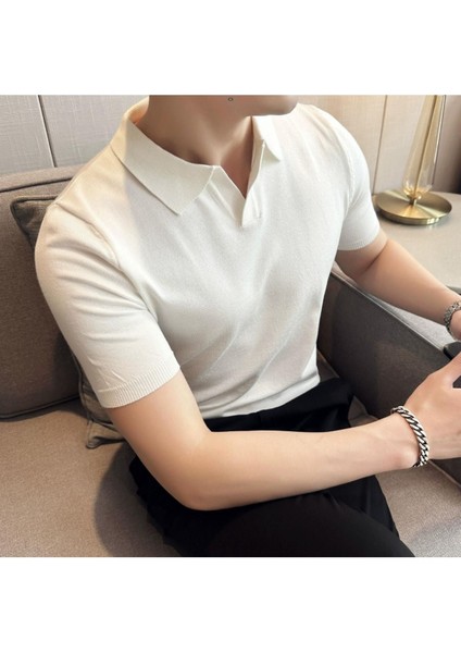 Erkek Beyaz Patlı Kısa Kollu Polo Yaka Triko T-Shirt