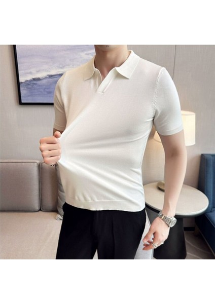 Erkek Beyaz Patlı Kısa Kollu Polo Yaka Triko T-Shirt
