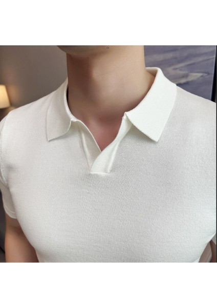 Erkek Beyaz Patlı Kısa Kollu Polo Yaka Triko T-Shirt