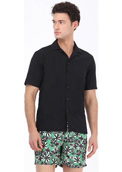 Siyah Desenli Regular Fit Dokuma Casual %100 Pamuk Gömlek