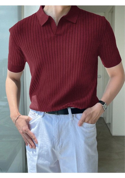 Bordo Erkek Fitilli Polo Yaka Triko T-Shirt