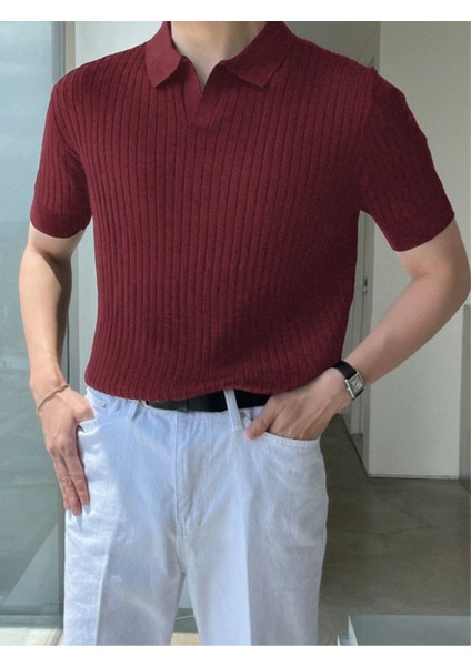 Bordo Erkek Fitilli Polo Yaka Triko T-Shirt fiyatları