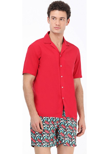 Kırmızı Desenli Regular Fit Dokuma Casual %100 Pamuk Gömlek