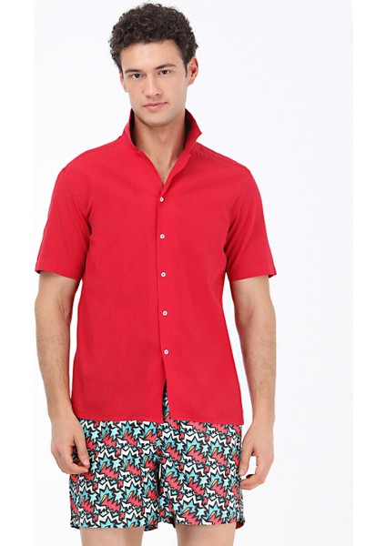 Kırmızı Desenli Regular Fit Dokuma Casual %100 Pamuk Gömlek