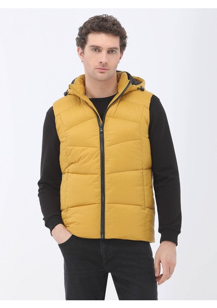 Sarı Regular Fit Kapüşonlu Casual Dokuma Spor Yelek