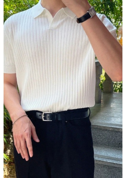 Beyaz Erkek Fitilli Polo Yaka Triko T-Shirt