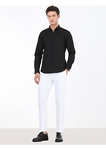Siyah Düz Slim Fit Dokuma Klasik %100 Pamuk Gömlek