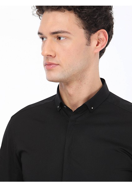 Siyah Düz Slim Fit Dokuma Klasik %100 Pamuk Gömlek
