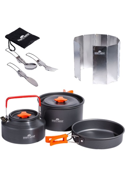 Tencere Tava Çaydanlık ve Çatal Kaşık Bıçak Seti Katlanır Rüzgar Engelleyici 10LU Panel Seti