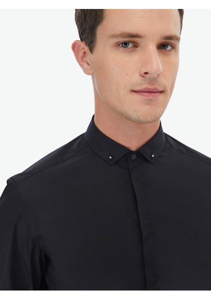Siyah Düz Slim Fit Dokuma Klasik %100 Pamuk Gömlek modelleri