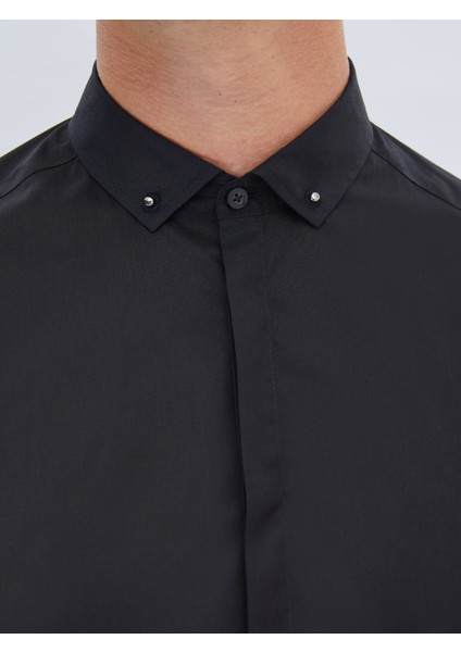Siyah Düz Slim Fit Dokuma Klasik %100 Pamuk Gömlek fırsatları