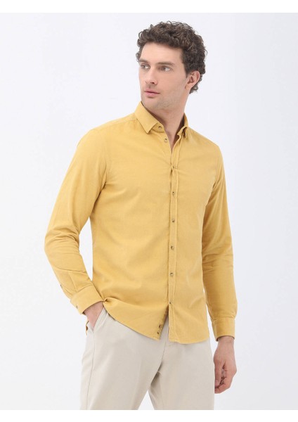 Sarı Fitilli Regular Fit Dokuma Kadife Casual %100 Pamuk Gömlek
