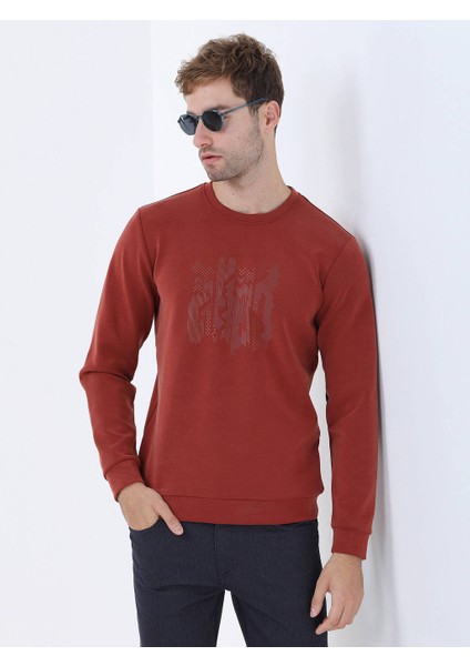 Kiremit Bisiklet Yaka Baskılı Sweatshırt