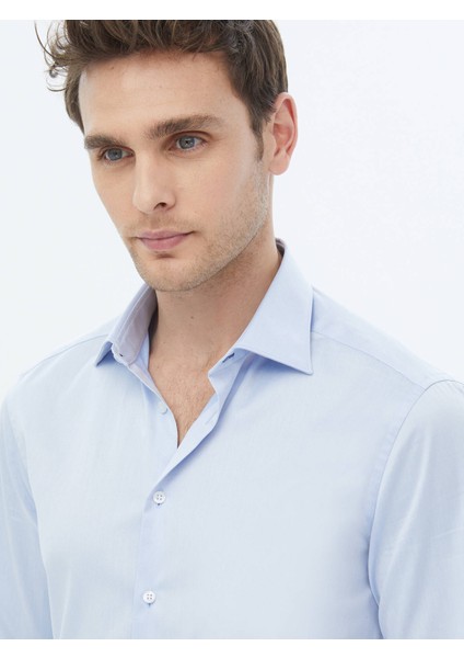 Mavi Düz Slim Fit Dokuma Klasik %100 Pamuk Gömlek
