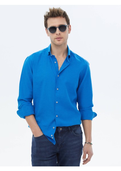 Saks Düz Regular Fit Dokuma Casual Pamuk Karışımlı Gömlek