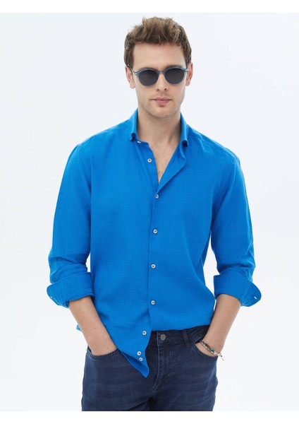 Saks Düz Regular Fit Dokuma Casual Pamuk Karışımlı Gömlek