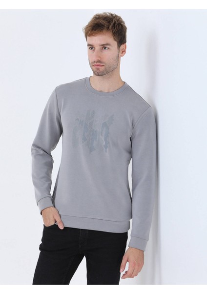 Gri Bisiklet Yaka Baskılı Sweatshırt
