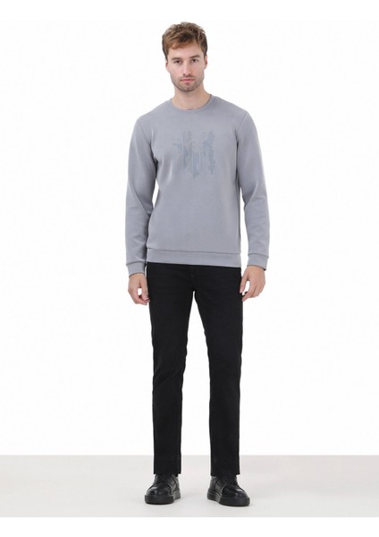 Gri Bisiklet Yaka Baskılı Sweatshırt