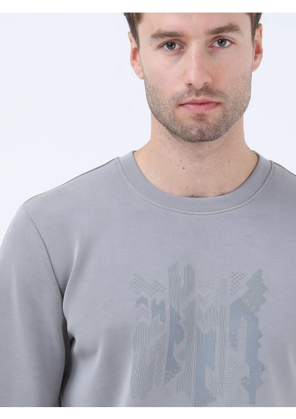 Gri Bisiklet Yaka Baskılı Sweatshırt