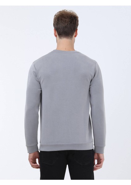 Gri Bisiklet Yaka Baskılı Sweatshırt