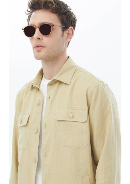 Yağ Yeşili Düz Regular Fit Dokuma Overshırt