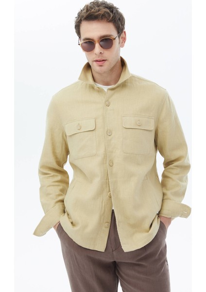 Yağ Yeşili Düz Regular Fit Dokuma Overshırt indirimleri