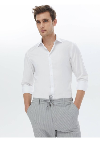 Beyaz Düz Slim Fit Dokuma Klasik %100 Pamuk Gömlek